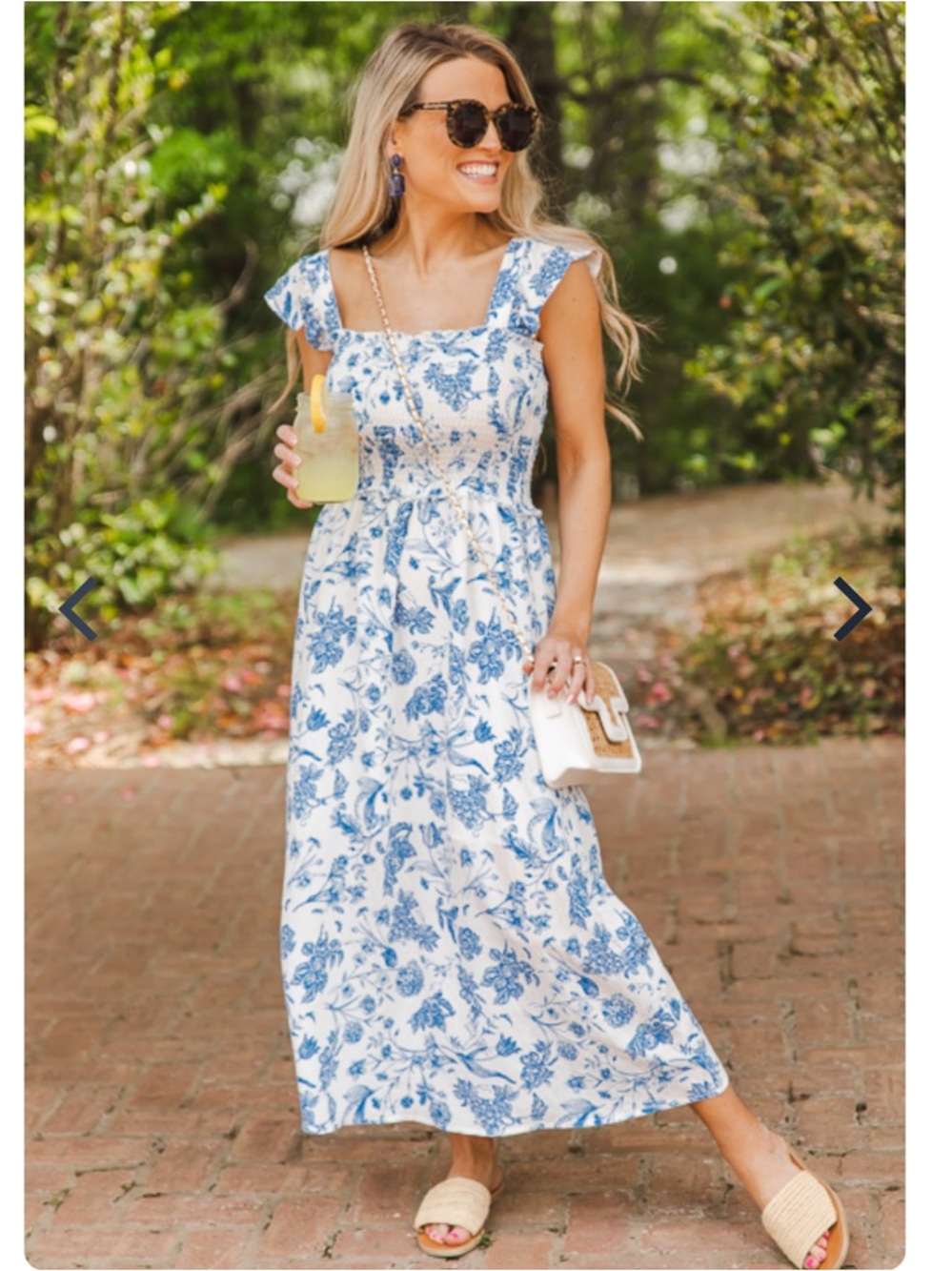 THML White and Blue Toile Floral Smocked Midi Dress Large